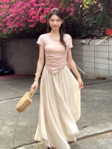 Summer 2025 Womens Fashion Set with Rose Design Drawstring Waist Top And Asymmetrical Skirt Polyester Fiber Short Sleeve round Neck