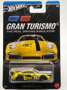 Hot Wheels Gran Turismo Porsche 911 GT3 RS toy car yellow color black stripes number 3 realistic design GT logo collectible toy car racing scene