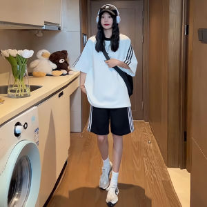 Black Side Stripe Sports Pants Womens Summer New Style Short Five-Point Korean Version Pants High Waist Wide Leg Cotton Blend