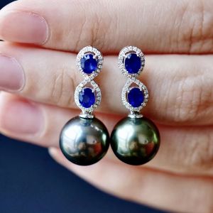 Montagne Jewelry 18k Pure Gold Earrings Natural 1.4 Carat Sapphire Inset Fine Jewellery Natural 11.3mm Tahiti Pearl Earrings Stud Earrings