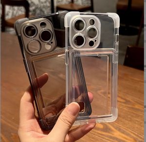 Electroplated Frame Transparent Card Pocket Slot Phone Case For iPhone 16 15 14 13 12 11 Pro Max Plus Four Corners Thickened Shockproof Bumper Clear phone back Cover