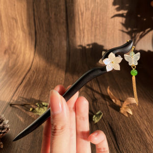 Short 15cm Double-Faced Lotus Wooden Hairpin Womens New Chinese Style Tassel Daily Hairpin National Hanfu Hair Accessories