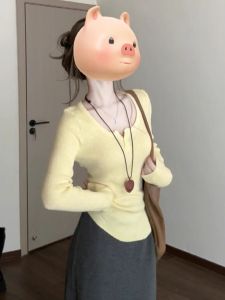 Yellow Half-Open Collar Long Sleeves Knitwear Female 2024 Early Autumn New Arrival Skinny Slimming Silm Inner Bottoming Shirt Tops