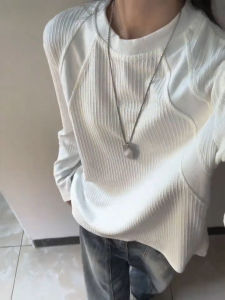 เสื้อยืดแขนยาวสีขาว ทรงหลวม สำหรับผู้ชาย ฤดูใบไม้ร่วง คอตั้ง ไม่มีหมวก เสื้อเชิ้ตชั้นใน Cleanfit ทรงไหล่ ทรงปกติ