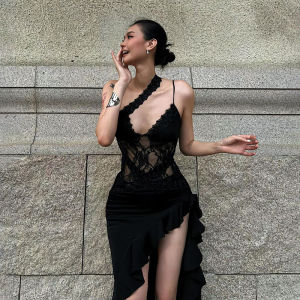 Đầm Hở Lưng Không Đối Xứng Gợi Cảm Ren Khoét Sâu Không Tay Cho Nữ Mùa Thu Thường Ngày Màu Trơn Không Tay Váy Ngắn