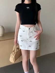 S-6XL Bow Print Denim Basic Skort High Waist A-Line Mini Skirt with Short