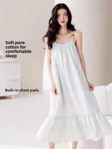 miiow | Pure Cotton Long Dress Womens Chemise Nightgown With Chest Pad Breathable Home Clothes Casual Summer Lightweight Cotton Dress