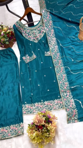 [PRE-ORDER] Ready Made Pure Chinon Silk. Kurti With Palazzo And Dupatta Suit (10-15days delivery)