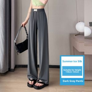 YAMIANNV | High Waist Ice Silk Wide Leg Pants Womens Summer New Style Drapey Casual Thin Extended Length Cotton Polyester Blend