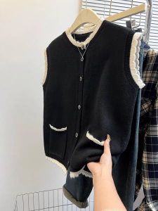 Classic Style Black Knitting Vest Womens Spring and Autumn Outer Wear Sweater Vest Vest Early Autumn New Arrival French Sleeveless Cardigan