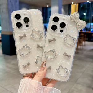 [Mới] Vỏ điện thoại IMD kết cấu mẫu nơ và đầu mèo kim cương giả 3D có vòng đeo tay cho iPhone 11 12 13 14 15 16 Series