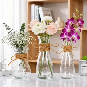 Set 3 Lọ Hoa Thủy Tinh Cao Cấp Dáng Loe Eo Lớn Nhỏ Kèm Dây Bố Ðộc Ðáo Trang Trí Bàn Làm Việc Cafe Studio
