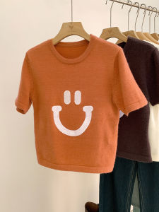 AMILUCK | Smiley Face Round Neck Short Sleeve Knitted Sweater Womens Base Layer Solid Color T-Shirt Short Top Comfortable Cotton Blend