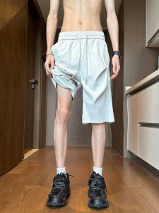 Quần Short Lụa Băng Mỏng Màu Xám Nhạt Cho Nam Mùa Hè Quần Dài Năm Điểm Phong Cách Đường Phố Mỹ Quần Dài Vừa Phải Quần Dài Thường Ngày