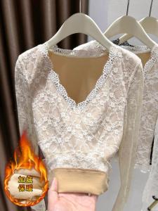 Fleece Lined Long Sleeve Lace Hollow out Low V Neck Sweater Womens Spring Autumn Winter T-Shirt Layering Clothes Korean Style