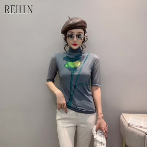 REHIN เสื้อผ้าหญิงรุ่นใหม่สำหรับฤดูใบไม้ร่วง เสื้อยืดแขนยาวผ้าเมชพิมพ์ลายแฟชั่น คอสูง เข้ารูป ผลิตจากผ้าฝ้าย หรูหราและสง่างาม