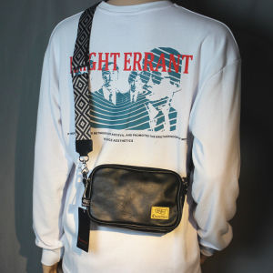 Casual Nylon Crossbody Bag with Wide Shoulder Strap for Men Retro Street Style Leather Zipper Closure Small Size