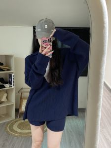 หลวม ลำลอง ชุด ผู้หญิง ฤดูใบไม้ร่วง ลึก คอวี แขนยาวสูง เอว สั้น กางเกง ชุดสองชิ้น ใส่สบาย เสื้อสเวตเตอร์ถัก