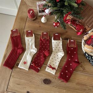 Red Butterfly Knot Embroidered Lucky Year Socks Womens Autumn Winter Mid-Calf Soft Comfortable Festive Gift Womens Socks