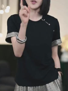 Fashionable Black Short Sleeve T-Shirt Womens Large Size Summer New Style Korean Version Casual round Neck Top Trendy Youthful