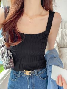 สลิมฟิต ถัก ฤดูร้อน เสื้อท่อนบน ผู้หญิง แจ๊กเก็ต เรียบง่าย เสื้อยืดสีทึบ คอกลม สวย สายคล้อง เสื้อกั๊ก สไตล์อเมริกัน เสื้อเชิ้ต