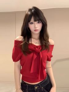 LIHONGYI | Red Off-Shoulder Knit T-shirt