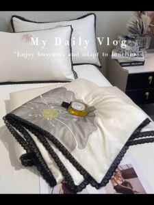 SET 4 MÓN CHĂN CHẦN HÈ+ GA GỐI PHI LỤA THÊU HOA PHỐI VIỀN NHẬP KHẨU CHIIBEDDING