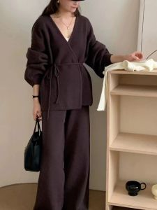 Autumn Winter Women Fashion V-neck Two Piece Sets Womens Outifits Long Sleeve Lace Up Sweater High Waist Trousers Casual Women