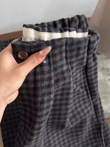 plus Size Womens Retro Plaid Woolen Wide Leg Pants Casual Lazy Style Loose Straight Cut Long Trousers Spring Autumn New Arrival