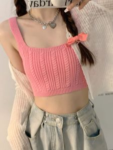 เสื้อกั๊กถักสั้นสไตล์หวานๆ สำหรับผู้หญิง เสื้อคลุมกันหนาวแบบสวมหัว ทรงเข้ารูป แขนสั้น คอวี สไตล์เกาหลี ฤดูใบไม้ร่วง 2023