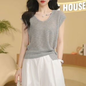 Shalldoer | Áo thun dệt kim tay ngắn màu xám thường ngày cho nữ mùa hè 2025 Áo khoác đơn độc đáo có khóa kéo bên hông dễ thương