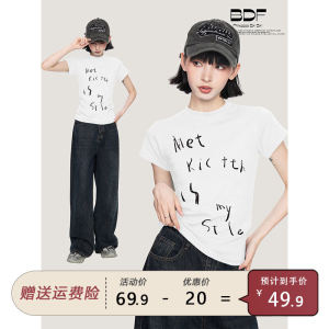 White Letter Print Short Sleeve T-Shirt Women Summer Slim Fit American Hot Girl Top round Neck Short Length Fashionable