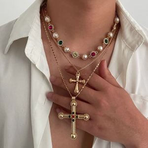 Ingemark | Ingemark 3Pcs/Set Goth Jesus Cross Pendant Necklace for Men Hip Hop Colorful Rhinestone Imitation Pearl Collar Chain Y2K Jewelry