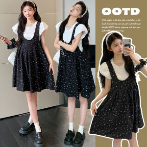 Pregnant Summer Suit Bubble Sleeve and Loose Korean Style Floral Suspender Dress