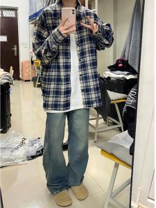 Blue Gingham Shirt Men Long Sleeves Autumn New Arrival Japanese-Style Retro Tops Trendy Fancy Parka Shirt Coat