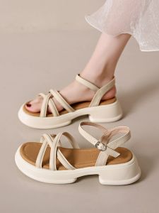 Short in Size Clearance Genuine Leather Thick Sole Roman Sandals Womens Summer Outwear Fashion Non Slip Fairy Style Sandals with Skirt
