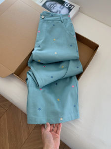 Blue Embroidered Floral Loose Womens Jeans Straight Leg High Waist Tapered Slim Fit Denim Pants High Waist Long Pants