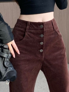 Brown Retro Corduroy Bootcut Trousers Female Fall and Winter Stylish Breasted High-Waisted Trousers Drape Casual Mopping Trousers
