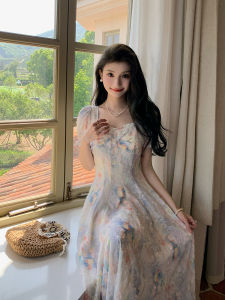 Deng Liujiu French Elegant Heavy Tassel Gradient Floral Dress Women Summer Beach Vacation Long Skirt Polyester Cotton Blend