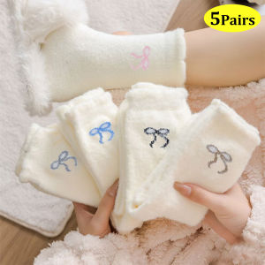 5Pairs Cozy Hairy Velvet Socks Sweet Bow Autumn Winter White Hosiery Thickened Plush Warm Sleep Socks Home Fluffy Socks for women Girls