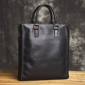Mens Leather Briefcase Large Capacity Commuter Handbag Casual Business Vertical Square Shape Zipper Closure Soft Handle