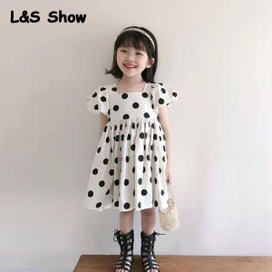 LS Show Girls Summer Short Sleeve Dress Polka Dot Korean Style Girls Cute Bubble Sleeves Fashion Backless Princess Dress