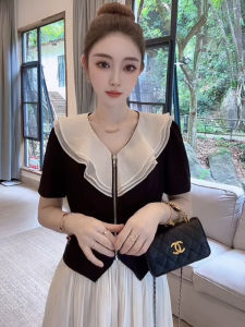 French High-End Color Block Doll Collar Short Sleeve T-Shirt Womens Summer New Asymmetrical Zipper Slimming Top