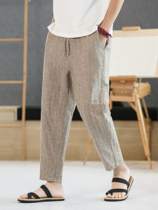 Summer Cotton Linen Mens Casual Pants Loose Thin Stripe Slim Fit Trousers Youth Fashion Low Waist Nine Point Pants