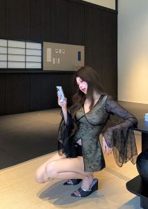 GUZILIAN | Spicy Girl Design V-neck Bell Sleeve Lace Shirt Women Slimming Mesh Base Shirt Top Autumn Winter New Style Standard Version