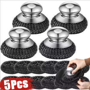 5 ชิ้น แปรงล้างหม้อทรงกลม / แปรงล้างจานโลหะแบบหนาพร้อมด้ามจับ / อุปกรณ์ทำความสะอาดทรงกลม / สำหรับทำความสะอาดจาน หม้อเหล็กหล่อ กระทะ