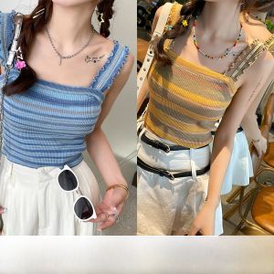 Áo Ba Lỗ Dệt Kim Màu Sọc Nhiều Màu Sắc Gợi Cảm Mùa Hè Cho Nữ Áo Ba Lỗ Hở Lưng Áo Ba Lỗ Cổ Chữ V Dài Tay Áo Ba Lỗ Ôm Vừa Vặn