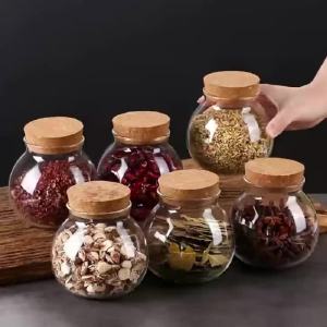 1pc Storage Container 500ml Round Glass Storage Jar With Sustainable Cork Lid For CoffeeTeaSpices Kitchen Organizers