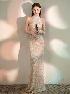 Elegant Evening Gown Womens New 2026 Ball Glitter Wrap Body Fish Tail Long Dress Luxury Small Audience Annual Meeting