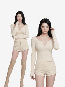 qiaocong | Halter Lace Patchwork Slim Fit Spring Long Sleeve T-Shirt